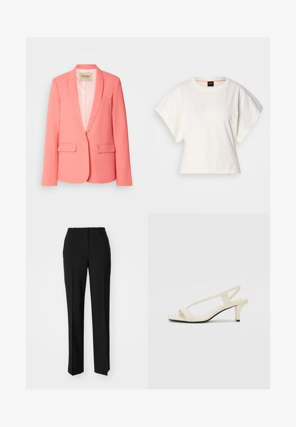 Coral pink blazer with a notched lapel, two front pockets, single button closure, and a smooth texture. Lined interior with brand label visible.; White cropped T-shirt, short wide sleeves, soft cotton material, round neckline with subtle orange trim, minimal design, no patterns or graphics.; Black tailored trousers with a straight-leg design, featuring a smooth texture and crisp creases along the front. No visible hardware.; Beige block-heeled sandals with thin straps and a square toe. Smooth material with minimal detailing, designed for easy wear.