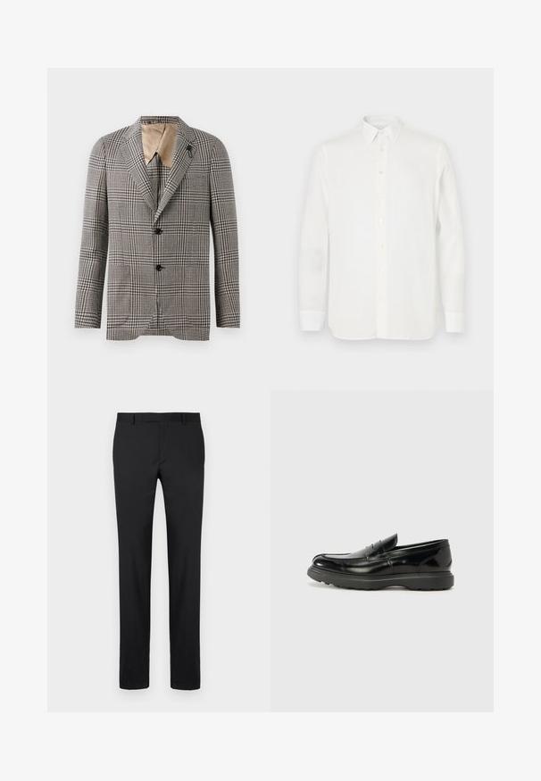 Gestructureerde geruite blazer in bruin en crème, met een notch-kraag, twee knopen en een subtiele zakdetail. Binnenvoering in tan.; Witte lange mouwen shirt van lichtgewicht stof, met een klassieke kraag, knoopsluiting en rechte zoom. Soepele textuur.; Zwarte broeken met een op maat gemaakte ontwerp, rechte pijpen, standaard riemlussen en een gladde textuur. Geen zichtbare patronen of hardware.; Zwarte leren instapper met een glanzende afwerking, een ronde neus, subtiele stiksels en een dikke rubberen zool voor duurzaamheid.