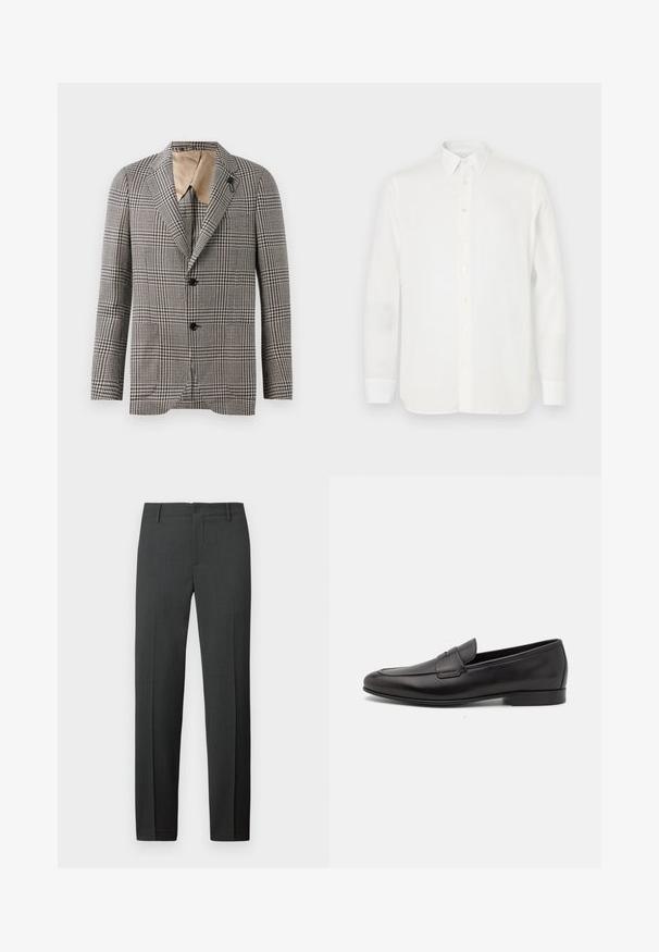 Structured plaid blazer in brown and cream, featuring a notched collar, two buttons, and a subtle pocket detail. Inner lining in tan.; White long-sleeve shirt made of lightweight fabric, featuring a classic collar, button closure, and straight-cut hem. Smooth texture.; Tailored dark gray trousers made from a smooth fabric. Features a button closure, belt loops, and straight legs for a classic fit.; Black leather men's loafer with a low heel and a classic penny strap design, shown in side profile on a white background.