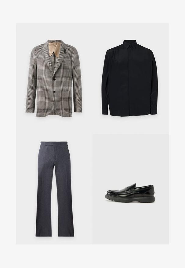 Δομημένο καρό σακάκι σε καφέ και κρέμα, με κομμένα πέτα, δύο κουμπιά και διακριτική λεπτομέρεια στην τσέπη. Εσωτερική επένδυση σε ταμπά.; Μαύρο μακρυμάνικο πουκάμισο από λεία ύλη, με κλασικό γιακά, πατιλέτα με κουμπιά και χαλαρή εφαρμογή με μανίκια που είναι γυρισμένα.; Γκρι κομμένα παντελόνια από υφασμάτινη υφή, με ίσια γραμμή, διακριτή πτυχή και πλαϊνές θηλιές στη μέση για προσαρμογή ζώνης.; Μαύρο δερμάτινο λούστρο με γυαλιστερή φινίρισμα, στρογγυλή μύτη, διακριτικές ραφές και παχύ καουτσούκ σόλα για ανθεκτικότητα.