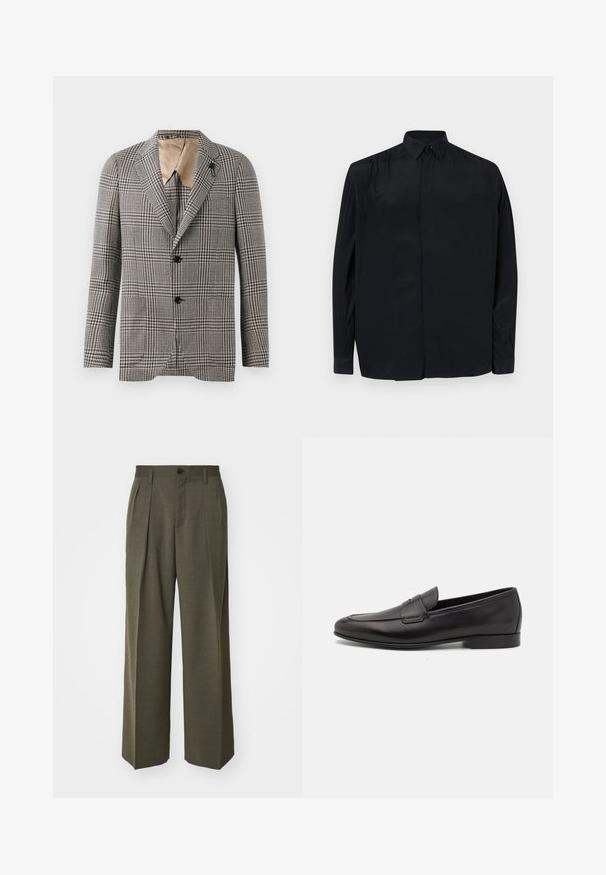 Blazer a quadri strutturato in marrone e crema, con colletto a punte, due bottoni e un sottile dettaglio sulla tasca. Fodera interna color marrone chiaro.; Camicia nera a maniche lunghe realizzata in tessuto morbido, con colletto classico, apertura con bottoni e vestibilità rilassata con maniche a polsino.; Filippa K WIDE TROUSERS - Pantaloni - driftwood; Mocassino da uomo in pelle nera con tacco basso e design classico a striscia, mostrato in profilo laterale su sfondo bianco.