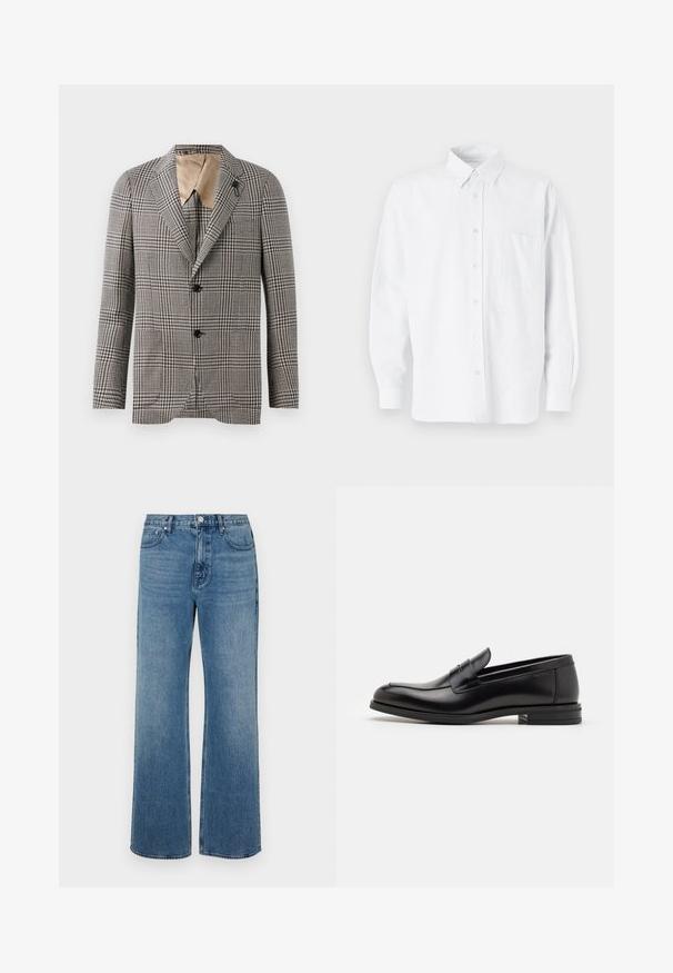 Structured plaid blazer in brown and cream, featuring a notched collar, two buttons, and a subtle pocket detail. Inner lining in tan.; White button-up shirt with a collar, featuring subtle vertical stripes, long sleeves, a chest pocket, and classic rounded hem.; Wide-leg blue jeans made of denim with a faded finish. Features five pockets, a front button closure, and a straight cut.; Black leather loafers with a smooth texture, rounded toe, and a decorative strap across the vamp. Low stacked heel, minimalist design.