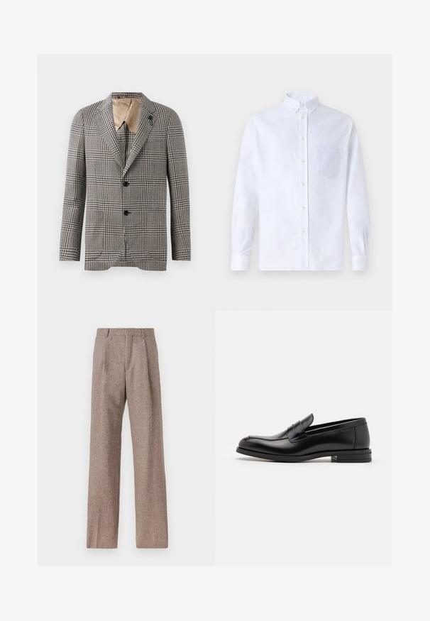 Struktuurne ruuduline bleiser pruunis ja kreemis, millel on lõige krae, kaks nappi ja peen tasku detail. Sisevooder on beež.; Valge pikamaa varrukatega nööbiga särk, mis on valmistatud puuvillast ja millel on rinna tasku toon-toonis brodeeringuga, krae ja nööbiga mansetid.; Prunnid, kõrge vöökohaga püksid, mis on valmistatud tekstureeritud kangast. Omavad laiu jalgu ja kahte eesmist voldikut struktuuri jaoks. Korralik viimistlus, ilma nähtava riistvarata.; Mustad mustad nahast loafers sileda tekstuuriga, ümarat ninaosa ja dekoratiivne riba vampi üle. Madal kihiline konts, minimalistlik disain.