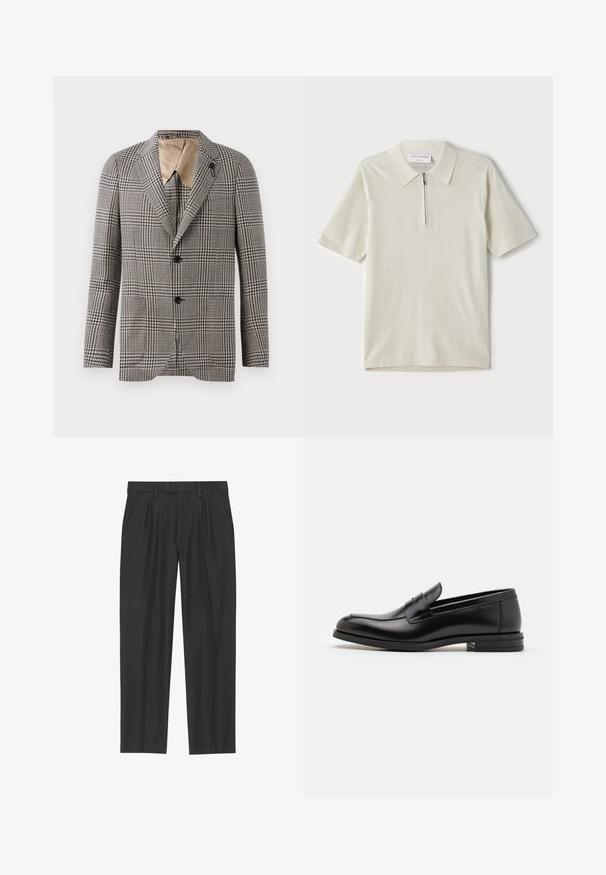 Structured plaid blazer in brown and cream, featuring a notched collar, two buttons, and a subtle pocket detail. Inner lining in tan.; Short-sleeve polo shirt in light beige with a zippered collar. Made of smooth fabric, features a simple, modern design without patterns.; Black pleated trousers made from a smooth fabric; features a waistband with belt loops and a straight-leg cut. Minimalist design with no patterns.; Black leather loafers with a smooth texture, rounded toe, and a decorative strap across the vamp. Low stacked heel, minimalist design.