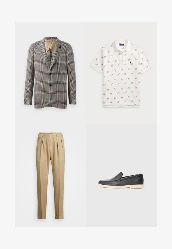 Strukturovaný kostkovaný blazer v hnědé a krémové barvě, s klopovým límcem, dvěma knoflíky a jemným detailem kapsy. Vnitřní podšívka v odstínu tan.; Bílá polo tričko vyrobené z bavlny, s opakovaným modrým vzorem psů a malým modrým logem na hrudi. Krátké rukávy a límeček.; Béžové lněné kalhoty rovného střihu, s dvěma předními sklady, zapínáním na knoflík a bočními kapsami. Strukturovaná tkanina s hladkým povrchem.; Černé kožené mokasíny na klínku s texturovaným povrchem a kontrastní béžovou gumovou podrážkou. Vyznačují se jemným akcentem podél přední části.