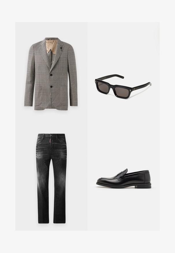 Structured plaid blazer in brown and cream, featuring a notched collar, two buttons, and a subtle pocket detail. Inner lining in tan.; Black cotton T-shirt featuring a round neckline, short sleeves, and "EMPORIO ARMANI" logo in white above "Milano" in a curved design.; Black denim jeans with a straight fit. Features faded areas, minor distressing, classic five-pocket design, and a button closure.; Black leather loafers with a smooth texture, rounded toe, and a decorative strap across the vamp. Low stacked heel, minimalist design.; Black rectangular sunglasses with dark lenses, thick plastic frame, gold accents on temples, and brand logo engraved on the arm.