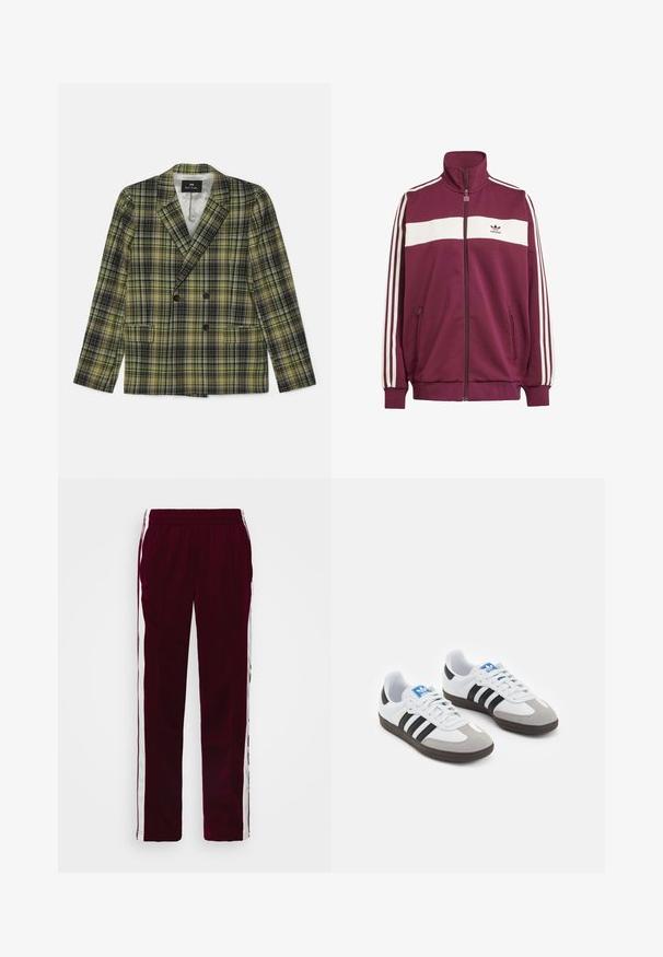 Divu krūšu žakete ar gātu rakstu, kurā ir zaļa, melna un dzeltena krāsa, izgatavota no teksturēta auduma ar iegrieztiem uzkakleņiem un divām kabatām.; Tumši sarkans zipa žiburs ar baltiem horizontāliem svītrām un trim baltām sānu svītrām. Iespējo augstu apkakli un divas kabatas ar zipa aizdari sānos.; Balts derīgs T-krekls, izgatavots no kokvilnas, ar apaļu dekoltē un īsām piedurknēm, priekšpusē ir gaiši zils izšūts logotips.; Burgundijas sporta bikses ar aukliņu jostu, baltām sānu svītrām un šauru piegriezumu. Izgatavotas no gludas, vieglas auduma.; Sporta apavi ar balto ādas virsu, pelēku zamšādas purngalu un trim melnām svītrām. Iezīmē zilu logotipu uz mēles un teksturētu gumijas zoli.