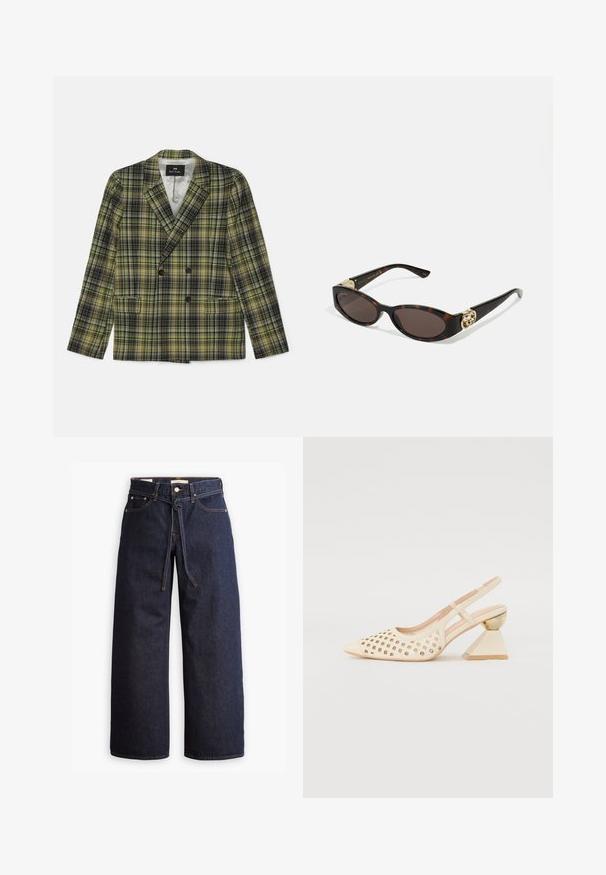Dvojradový blejzer v károvanom vzore, s farbami zelenou, čiernou a žltou, vyrobený z textúrovaného materiálu s klopami a dvoma vreckami.; Modrá pruhovaná košeľa s gombíkmi, s golierom, dlhými rukávmi a zakriveným spodným okrajom. Materiál sa zdá byť hladký a ľahký. Gombíková léga na prednej strane.; Široké tmavomodré denimové džínsy s vysokým pásom, so šnúrkou na sťahovanie, piatimi vreckami a kontrastným prešívaním.; Béžová sandálová obuv na podpätku s perforovaným zvrškom, špicatou špičkou a kontrastným trojuholníkovým podpätkom s zlatým akcentom. Hladká textúra celkovo.; Slnkové okuliare v korytnačkovom dizajne s predĺženými oválnymi šošovkami, hnedým tónovaním, zlatými logovými akcentmi na spánkoch a elegantnými čiernymi ramenami.