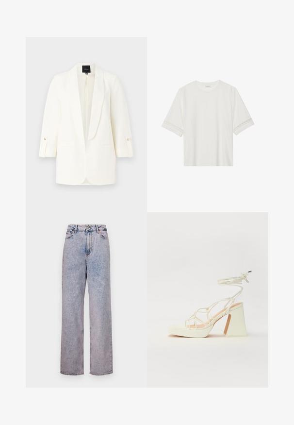 Hvit blazer med åpen front, sjalkrage og trekvartlange ermer. Har to frontlommer og knappdetaljer på ermene.; Hvit t-skjorte med kort erme laget av bomull, med dekorativ blondekant langs ermene og en rund halslinning.; Lys blå denimjeans med en avslappet, rett ben-kutt, med høy midje, fem-lomme design og bronse-knapp detaljer.; Hvit høyhælte sandal med kraftig hæl, med en stroppe-design og ankelbånd. Glatt tekstur med plattform foran for ekstra høyde.