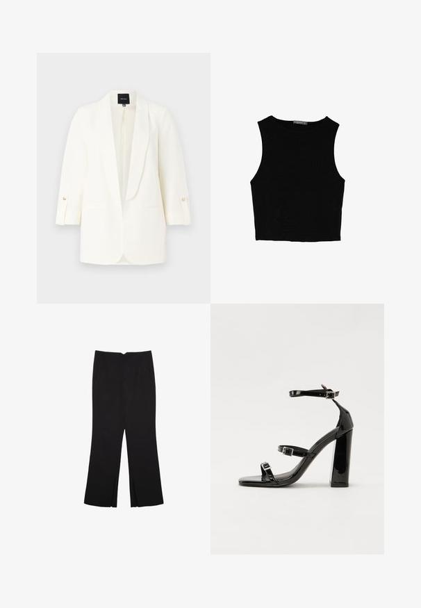 Bela blazer z odprtim sprednjim delom, šalom in rokavi do tri četrtine. Ima dva sprednja žepa in gumbne detajle na manšetah.; Črn brez rokavov crop top, izdelan iz gladkega materiala, z okroglim izrezom in čistim, preprostim dizajnom brez vzorcev ali dodatkov.; Črne hlače ravnega kroja z naglavnimi žepi in stranskimi razporki na robu. Narejene iz mehke, gladke tkanine. Primerne za različne priložnosti.; Črne lakirane sandale s peto, kvadratnim prstom, trakovi okrog gležnja in srebrnimi zaponkami. Opremljene so s stabilno Debelo peto.