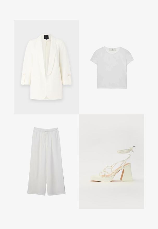Bela blazer z odprtim sprednjim delom, šalom in rokavi do tri četrtine. Ima dva sprednja žepa in gumbne detajle na manšetah.; Bela majica s kratkimi rokavi in okroglim ovratnikom, izdelana iz mehke bombažne tkanine, ki ima preprost, čist dizajn brez vidnih vzorcev ali poudarkov.; Bele široke hlače iz lahkega materiala, ki imajo elastičen pas in vrvico za prilagajanje. Gladka tekstura.; Bela sandala na visokih petah s debelim petam, ki ima obliko trakcev in vezanje okoli gležnja. Gladka tekstura z platformo spredaj za dodatno višino.