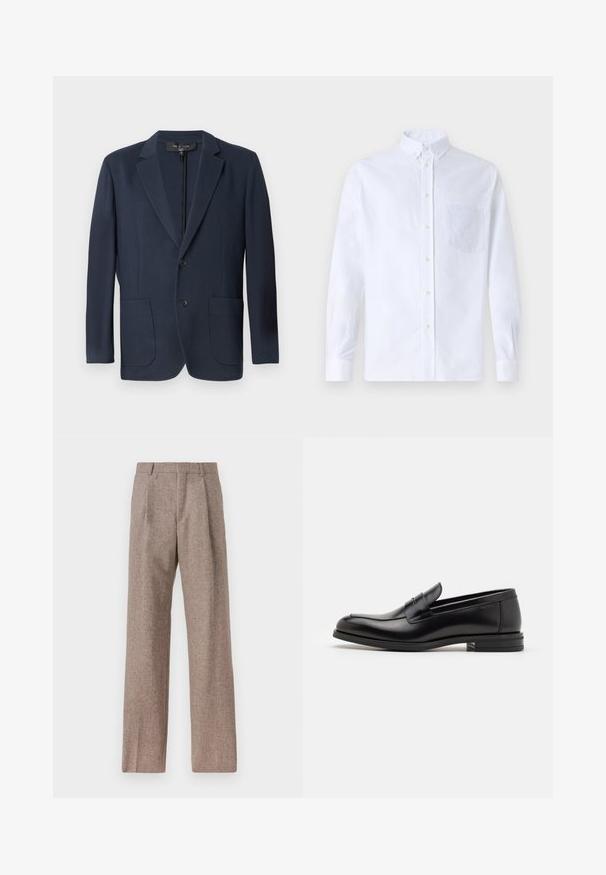 Navy blazer with a structured silhouette, double-button closure, two front pockets, and a textured finish. Suitable for formal occasions.; White long-sleeve button-up shirt made of cotton, featuring a chest pocket with tonal embroidery, a collar, and button cuffs.; Brown, high-waisted trousers made of textured fabric. Features wide legs and two front pleats for structure. Neat finish with no visible hardware.; Black leather loafers with a smooth texture, rounded toe, and a decorative strap across the vamp. Low stacked heel, minimalist design.