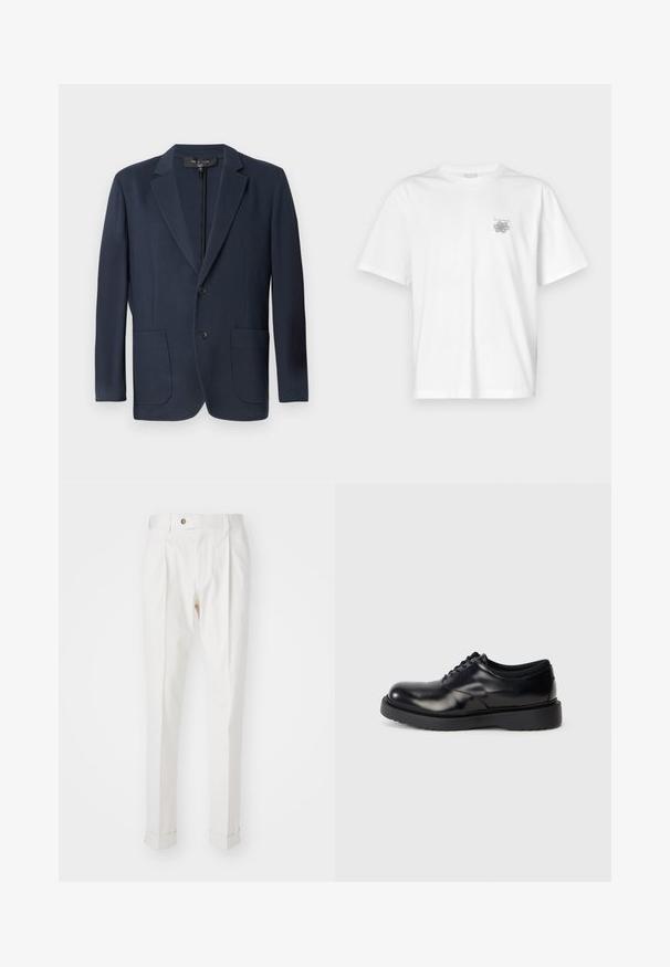 Blazer azul-marinho com uma silhueta estruturada, fecho de botão duplo, dois bolsos frontais e um acabamento texturizado. Adequado para ocasiões formais.; Camisa branca de algodão com mangas curtas, gola redonda e um pequeno logótipo cinza na área do peito esquerdo. Textura suave.; Calças brancas, ajustadas, com frente lisa, duas pregas e bainhas viradas. Feitas de um tecido suave com fecho de botão na cintura.; Sapato de couro preto com atacadores, bico arredondado, superfície lisa e sola de borracha espessa com ranhuras subtis para tração.