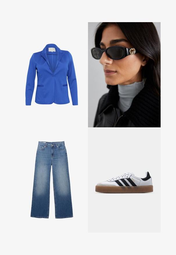 Blazer in Blau aus glattem Stoff, mit Reverskragen, einem Knopfverschluss, zwei Vorder- taschen und taillierter Silhouette.; Djeanshemd, in dunkler Indigo-Farbe, mit klassischem Kragen, langen Ärmeln, Knopfverschluss, akzentuiert mit einem braunen Ledergürtel in der Taille.; Weite, hellblaue Denim-Jeans mit verwaschenem Aussehen, fünf Taschen und einem Knopfverschluss an der Taille. Baumwollmaterial, gerade geschnitten.; Weiße Leder Sneakers mit schwarzen Streifen, Gummigummi-Außensohle, runder Zehenform, Schnürverschluss und weichem grauem Wildleder-Zehenkappe.; Schwarze Sonnenbrille mit einem schlanken rechteckigen Rahmen und einem goldenen Logo-Akzent an der Seite. Dunkle Gläser und glänzende Oberfläche sind auffällig.