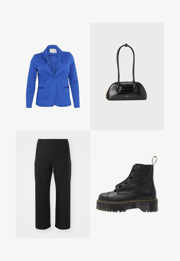 Blazer bleu en tissu lisse, avec un col cranté, une fermeture à un bouton, deux poches avant et une silhouette ajustée.; Haut noir avec de longues manches en dentelle, présentant un corps noir uni et des détails en dentelle florale. Encolure ronde au toucher doux.; Vero Moda Curve VMCAUGUSTA PANT - Pantalon classique - black; Bottines en cuir noir avec surface texturée, bout arrondi, lacets, coutures jaunes et une épaisse semelle noire crantée.; Sac à main noir avec motif crocodile, texture lisse, forme arrondie et deux poignées fines. Accent logo en or près de la base.; Boucles d'oreilles en argent au design minimaliste. Forme circulaire, texture lisse et profil fin. Légères avec une finition polie.