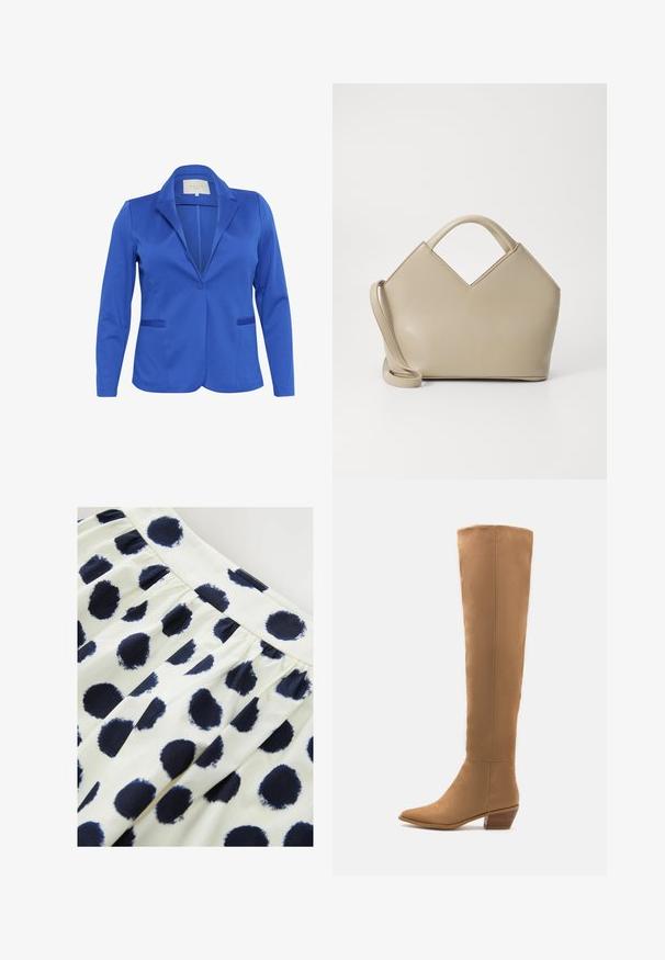 Sacou albastru dintr-un material neted, cu guler cu colțuri, închidere cu un singur nasture, două buzunare frontale și croială ajustată.; Tricou cu mânecă lungă, de tip crew, din bumbac solid de culoare albastru deschis. Prezintă un decolteu rotund și cusături simple. Eticheta indică "NEXT," mărimea S.; Fustă din material alb cu buline circulare de culoare albastru închis. Fusta are o talie plisată și o textură netedă.; Botine bej, până la genunchi, fabricate dintr-un material neted, cu vârf ascuțit și toc mic, stivulet. Design simplu, fără modele sau accente vizibile.; Geantă structurată bej cu un vârf în formă de V, din material din piele netedă, cu mânere scurte și o curea lungă, ajustabilă. Design minimalist.