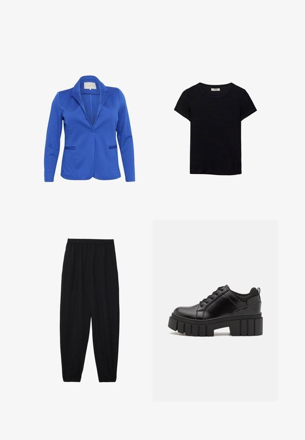 Blazer in Blau aus glattem Stoff, mit Reverskragen, einem Knopfverschluss, zwei Vorder- taschen und taillierter Silhouette.; Schwarzes kurzärmeliges T-Shirt aus weichem Stoff. Mit klassischem Rundhalsausschnitt und lockerer Passform. Keine Muster oder Akzente sichtbar.; Schwarze, leichte Hosen mit einem elastischen Bund und gerafften Knöcheln. Der Stoff ist glatt und hat ein entspanntes, schmal zulaufendes Design.; Schwarze Lederplateauschuhe mit klobigem Blockabsatz, runder Zehenpartie und traditionellem Schnürdesign. Verfügt über eine glatte Textur und minimale Details.