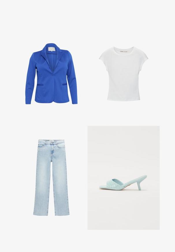 Blue blazer made of smooth fabric, featuring a notched collar, single button closure, two front pockets, and fitted silhouette.; White cotton T-shirt with a round neckline, cap sleeves, and a fitted design. Smooth texture with no patterns or embellishments.; Light blue wide-leg jeans made of denim with a high waist, five pockets, and a button-fly closure. Features minimal stitching detail.; Light blue heeled slide sandal featuring a crocodile texture, open toe, and a slim stiletto heel. Smooth shiny finish with no embellishments.