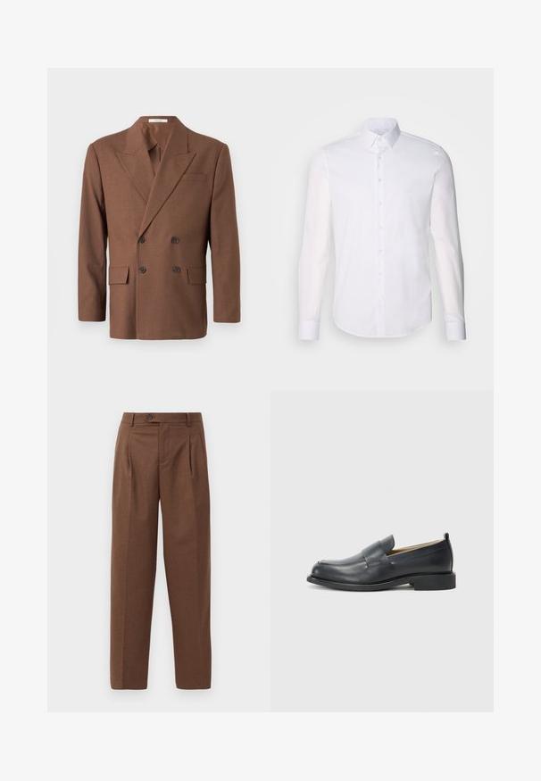 Rudas dvigubas švarkas, pagamintas iš tekstūruotos medžiagos, su smakrinėmis atverslomis, dviem priekinėmis kišenėmis ir tamsiais mygtukais.; Baltas ilgas rankoves mygtukinis marškinys, pagamintas iš medvilnės, su klasikinio tipo apykakle, priekyje esančiais mygtukais ir minimaliais siuvinėjimo detalėmis.; Rudos pritaikyti kelnių modeliai su tiesia fasonu, matomais klostėmis, priekinėmis kišenėmis ir vienu mygtuku liemenyje. Lygi tekstūra.; Juodi odiniai loaferiai su lygia danga, plokščiu padu ir apvaliu pirštu, papuošti dekoratyvia juostele per viršų.