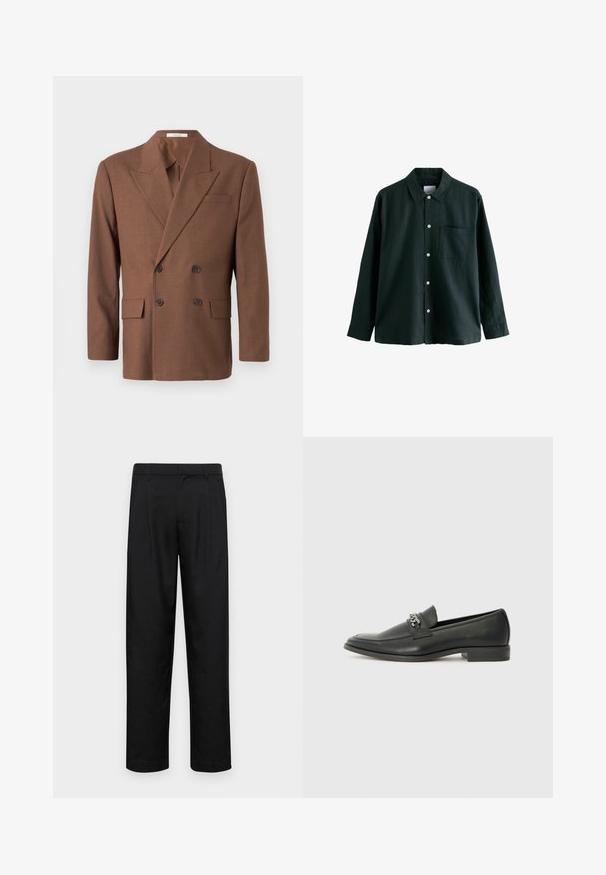 Rjav dvoredni blazer iz teksturirane tkanine, ki ima zarezan ovratnik, dva sprednja žepa in temne gumbe.; Temnozeleno srajco z gumbom in ovratnikom, dolgimi rokavi in enim žepom na prsih; ima bele gumbe in mehko teksturo.; Črne hlače iz gladkega materiala, s krojem ravne noge, dvema sprednjima pregiboma in standardnim pasom z zankami za pas.; Črni usnjeni loafer z gladko površino, ki ima šivano zasnovo in dekorativni kovinski verižni naglas preko vampirja. Ravno peto.
