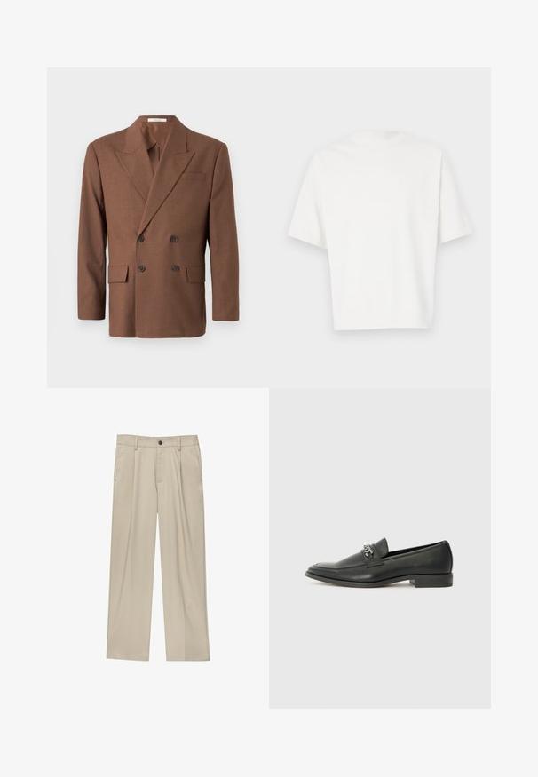 Smeđi dvostruko nastavljeni sako od teksturirane tkanine, s oštrim reverima, dva prednja džepa i tamnim dugmadima.; Bijela kratka majica s kratkim rukavima, izrađena od mekog materijala. Okrugli izrez, opušteni kroj i jednostavan dizajn bez ukrasa ili uzoraka.; Bež hlače ravnog kroja s jednim crnim gumbom, petljama za remen i bočnim džepovima. Glatka tekstura tkanine i minimalistički dizajn.; Crna kožna loafer cipela s glatkom finišem, s ušivenim uzorkom i dekorativnim metalnim lancem preko prednjeg dijela. Ravni potplat.