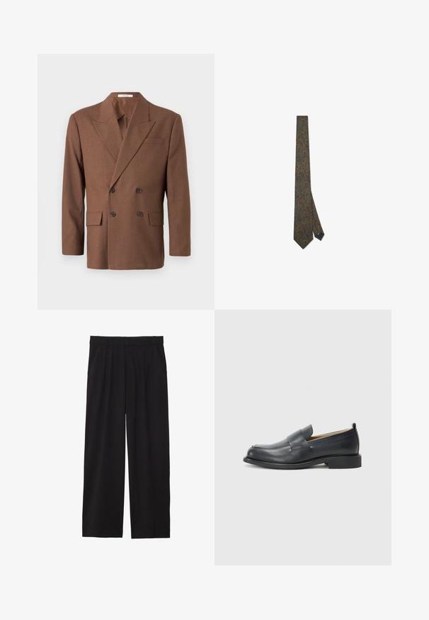 Brun dobbeltradet blazer laget av teksturert stoff, med utsvingt krage, to frontlommer og mørke knapper.; Brun strikket ermeløs topp med ribbestruktur, høy hals og splitt på sidene. Har en tettsittende hem og myk stoff.; Svarte vide bukser med plisserte detaljer foran, sidelommer, og en glatt tekstur. Designet for en avslappet passform.; Sorte lærloafers med en glat overflade, en flad sål og en rund tå med en dekorativ rem over toppen.; Grønn slips med paisley-mønster i oransje og blått. Laget av stoff, har den en spiss ende og et lite merke på den smale enden.