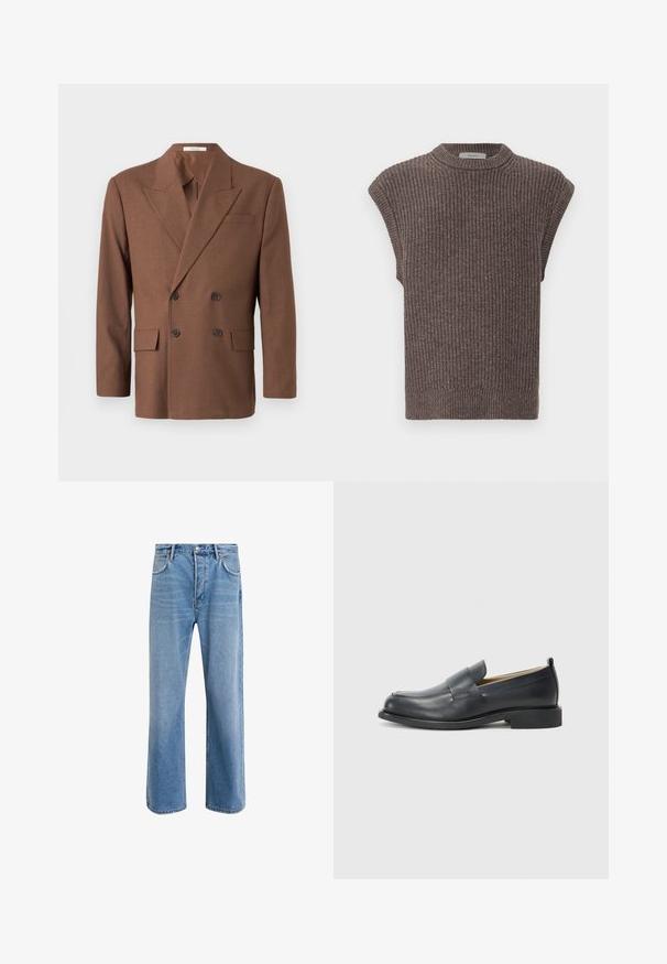 Blazer marrón de doble botonadura hecho de tejido texturizado, con solapa de muesca, dos bolsillos frontales y botones oscuros.; Top sin mangas de punto marrón con textura acanalada, cuello alto y aberturas laterales. Presenta un dobladillo ajustado y una tela suave.; Jeans de mezclilla azul claro con un diseño de pierna recta, cinco bolsillos, cierre de botón, ligeramente desgastados y detalles de costura en contraste.; Mocasines de cuero negro con un acabado suave, suela plana y punta redonda con una correa decorativa a lo largo del zapato.