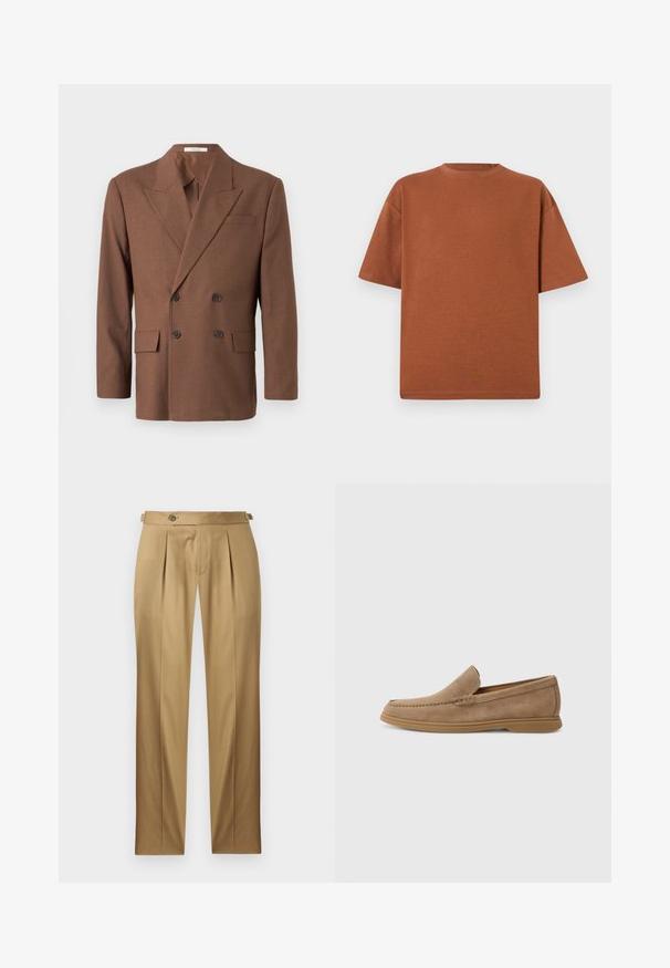 Brun dobbeltbrystet blazer lavet af struktureret stof, med reverskrave, to frontlommer og mørke knapper.; Brun bomuld t-shirt med rund hals, korte ærmer og en afslappet pasform. Stoffet har en blød tekstur og minimale sømme.; Beige bukser med lige pasform, der har læg, knaplukning og bæltestropper. Glat stof med et rent, skræddersyet udseende.; Brune ruskinds slip-on loafers med en glat overflade og broderede detaljer; har en gummisål for godt fodfæste.
