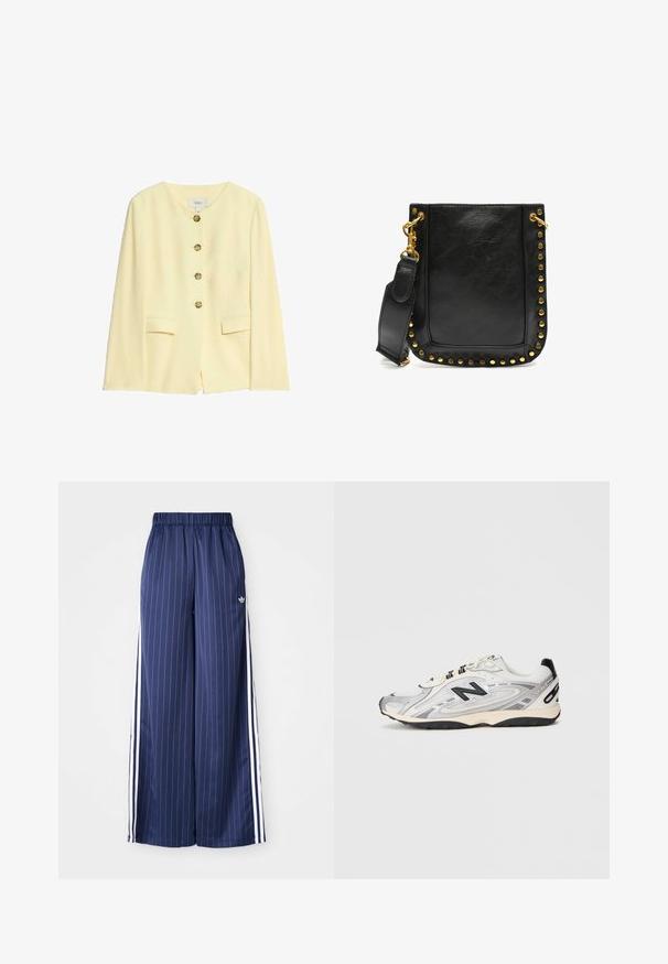 Geel maatjacket met een ronde halslijn, vijf gouden knopen en zijzakken; gladde textuur en gestructureerd ontwerp.; Witte blouse met lange mouwen, met een gerimpelde hoge kraag en verticale ruches aan de voorkant. Lichtgewicht katoenen stof.; Navyblauwe wijde broek met verticale witte strepen, elastische tailleband en drie witte strepen aan elke kant, gemaakt van een lichtgewicht materiaal.; Grijze en witte sportschoen met een ronde neus, gemaakt van mesh en synthetische materialen, zwarte accenten en een gestructureerde rubberen zool.; Zwarte leren handtas met gouden studs langs de randen, een platte vorm en een verstelbare strap met een gouden sluiting.