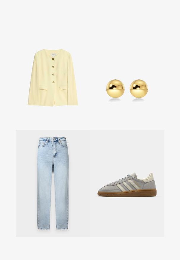 Żółta dopasowana marynarka z okrągłym dekoltem, pięcioma złotymi guzikami i bocznymi kieszeniami; gładka faktura i usztywniony krój.; Biały top bez rękawów, prążkowana tekstura, okrągły dekolt, dopasowany krój, subtelne logo na metce wewnątrz obszaru kołnierza.; Jasnoniebieskie dżinsy z prostym krojem, z guzikowym i zamkiem błyskawicznym, pięcioma kieszeniami oraz niewielkim ścieraniem z przodu i z tyłu.; Szare zamszowe trampki z jasnoszarymi skórzanymi paskami i gumową podeszwą. Wśród cech znajduje się zapięcie na sznurowadła oraz subtelna marka na języku.; Złote, sferyczne kolczyki o błyszczącej, refleksyjnej powierzchni. Ich design jest prosty i gładki, co tworzy nowoczesny, minimalistyczny wygląd.