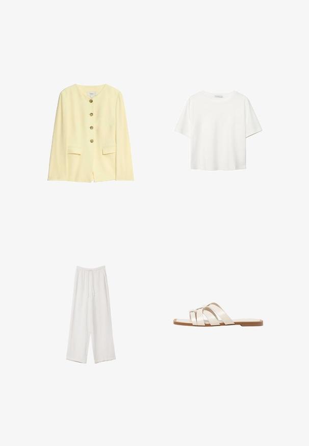 Żółta dopasowana marynarka z okrągłym dekoltem, pięcioma złotymi guzikami i bocznymi kieszeniami; gładka faktura i usztywniony krój.; Biała koszulka z krótkim rękawem, wykonana z bawełny. Posiada okrągły dekolt i luźny krój. Gładka faktura bez widocznych wzorów czy akcentów.; Białe spodnie o szerokich nogawkach wykonane z lekkiego materiału. Posiadają elastyczny pas z sznurkiem i boczne kieszenie. Gładka tekstura.; Płaskie sandały z brązową gumową podeszwą, zaprojektowane z trzema nakładającymi się na siebie białymi skórzanymi paskami i małym detalem w postaci kokardy na środku.