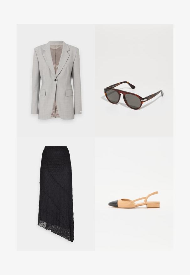 Gaiši pelēks blazer, izgatavots no teksturēta auduma. Iezīmēts ar noberztu apakšmalu, vienu pogu aizdari un divām priekšējām kabatām. Satīna iekšējā oderes apdare.; Melna garām piedurknēm izgatavota blūze no mīksta auduma, ar apaļu izgriezumu un brīvu piegriezumu ar sānu šķēlumiem apakšmalā. Nav redzamu rakstu.; ONLY ONLKIM LACE SKIRT - Maksi svārki - black; Beige ādas puszābaki ar melnu smailu purngali, mazu bloku papēdi un krustveida siksniņām sānos. Gluda tekstūra.; Tortienes saulesbrilles ar pelēkām lēcām. Gluda plastmasas rāmīte, noapaļota forma, metāla akcenti uz tempļiem. Gaismu atspoguļojoša virsma.