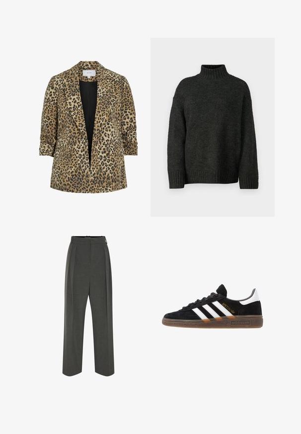 Leopardenmuster-Blazer mit einem einreihigen Design, Reverskragen, zwei Vorderaschen und einer glatten Textur in Brauntönen und Schwarz.; Vero Moda Tall VMMADDIE HIGHNECK PULL - Strickpullover - dark grey melange; Graue Hose mit weitem Bein aus strukturiertem Stoff, ausgestattet mit hoher Taille und vorderen Falten. Das Design beinhaltet einen glatten Bund und keine sichtbaren Verschlüsse.; Schwarzer Adidas Sneaker mit weißen Streifen, goldenem "Spezial"-Text, Gummisohle und weißem Fersenbereich, seitliche Ansicht.