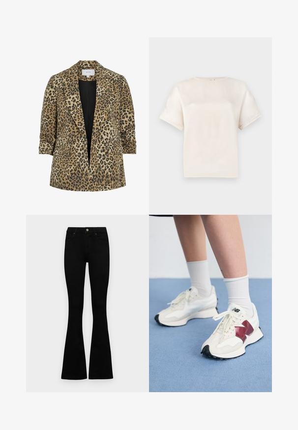 Leopardų raštuotas blazeris su vieno mygtuko dizainu, iškiliais atlapais, dviem priekinėmis kišenėmis ir lygiu tekstūra rudais ir juodais atspalviais.; Trumpas rankovėmis apvaliu kaklu marškinėliai kreminės spalvos, pagaminti iš lygaus audinio, su laisvu siluetu ir minimaliais siuvimo akcentais ant rankovių.; Juodos aukšto liemens džinsai su mygtuku ir užtrauktuku, priekinėmis kišenėmis ir platėjančiomis kojomis, išdėstyti ant baltos fono.; Balti sportbačiai su bordo akcentais, tekstūriniais paviršiais, plokščiomis juodomis pado dalimis ir šviesiomis raišteliais, dėvimi su baltais kulkšnų ponoškais.