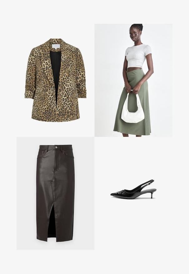 Leopárdmintás blazer, amely egygombos fazonú, csúcsos hajtókával, két elülső zsebbel és sima textúrával rendelkezik, bézs és fekete árnyalatokban.; Sötétbarna, hosszú ujjú, kerek nyakú póló, slim fit szabásban, sima fehér háttér előtt.; Barna bőr midi szoknya elöl hasítékkal, öt zsebes kialakítással és fémből készült gombos záródással. Sima textúrájú és szabott fazonú.; Fekete bőrből készült slingback magassarkú cipők hegyes orral, kis francia sarokkal és díszes csomóval az elején. Az egész felületen sima textúra.; Szürke bordázott cropped top és olajzöld, magas derékú szoknya. A modellen egy fehér válltáska van, amely kivágott részletekkel rendelkezik. Egyszerű dizájn, testhezálló sziluett.