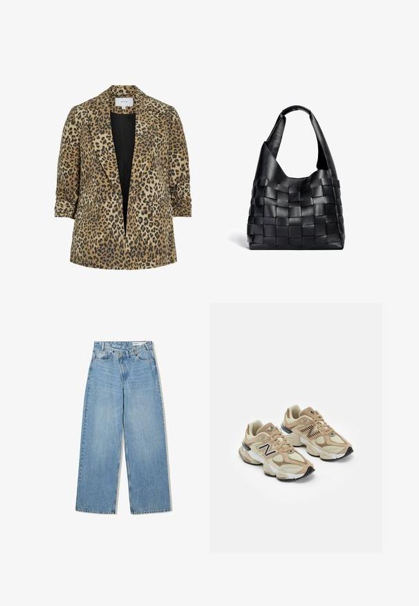 Blazer s tigrastim vzorom, enojno zapenjanje, špičasti klapni, dve sprednji žepki in gladka tekstura v odtenkih bež in črne barve.; Svetlo bež top iz mehkega materiala, z tankimi nastavljivimi naramnicami in V-izrezom ter rahlo sproščenim krojem.; Svetlo modri široki kavbojki iz denima, ki imajo visok pas, pet žepov, zapiranje na gumb in subtilno zbledelost za teksturo.; Bež teniske z mrežastim in semiš materialom. Imajo črn logo in teksturirane detajle. Debela bela srednja podloga in črn gumijast podplat.; Črna usnjena torba za rame s pletenim vzorcem in ohlapno obliko ter širokim naramnim trakom. Ima teksturiran, prepleten dizajn s gladkim zaključkom.