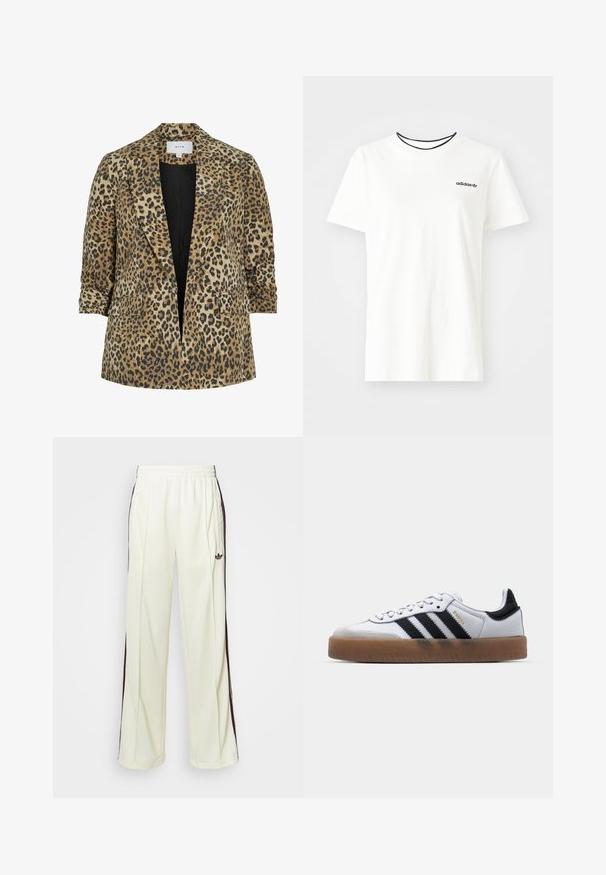 Blazer s tigrastim vzorom, enojno zapenjanje, špičasti klapni, dve sprednji žepki in gladka tekstura v odtenkih bež in črne barve.; Bela bomba majica iz bombaža s kratkimi rokavi in okroglim izrezom. Ima črni Adidas logotip na prsih ter kontrastni črni notranji ovratnik.; Kremne hlače za treniranje s sproščenim krojem, ki imajo temno rjave stranske črte in vezeno logo na levem stegnu.; Bele usnjene športne copate z črnimi linijami, gumijastim podplatom, okroglo konico, zapiranjem s vezalkami in mehko sivo zamšasto konico.