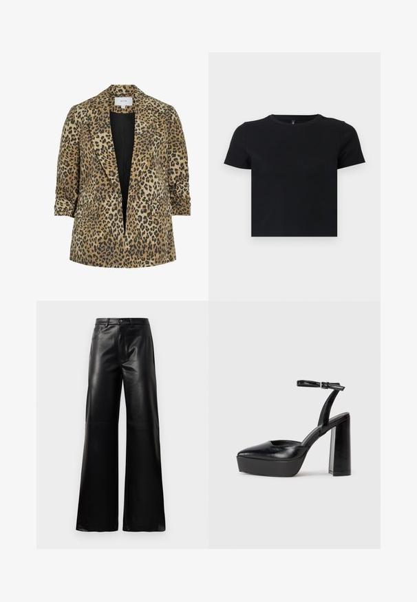 Blazer con stampa leopardata caratterizzato da un design a doppio petto, rever a punta, due tasche frontali e una texture liscia nei toni del beige e del nero.; T-shirt nera a maniche corte realizzata in cotone morbido. Presenta un collo rotondo e un design aderente. Texture liscia senza motivi o dettagli.; Pantaloni ampi a vita alta in ecopelle neri con bottone frontale, chiusura con zip, passanti per cintura e tasche laterali su sfondo bianco.; Tacchi a piattaforma neri con punta appuntita e cinturino regolabile alla caviglia. Realizzati in pelle liscia, presentano un tacco a blocco spesso.