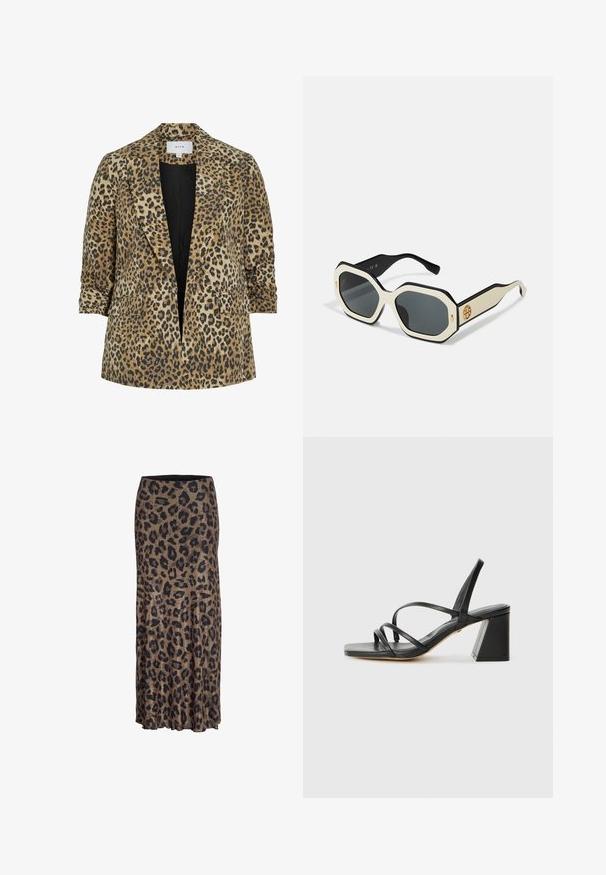 Pawtrykt blazer med enkelt knapdesign, spidse klapper, to frontlommer og en glat tekstur i nuancer af beige og sort.; Sort kortærmet t-shirt lavet af blødt stof. Har en klassisk rund halsudskæring og en afslappet pasform. Ingen mønstre eller accenter synlige.; Leopardprint nederdel i brune og sorte nuancer, med et flydende design og en subtil flæsekant, fremstillet af et let og blødt stof.; Sorte hælede sandaler med firkantet tå, der har flere tynde stropper og en geometrisk blokhæl. Glat lædertekstur og minimalistisk design.; Solsikker med en oktagonal hvid ramme, sorte kanter og grå linser. Det gyldne logo på siden tilføjer et karakterfuldt accent.