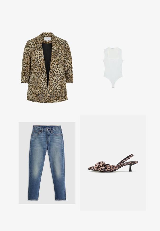 Leopardenmuster-Blazer mit einem einreihigen Design, Reverskragen, zwei Vorderaschen und einer glatten Textur in Brauntönen und Schwarz.; Weißer Body mit quadratischem Ausschnitt, ärmellosem Design, glatter Textur und Druckknopfverschluss am Boden. Schlichter und minimalistischer Stil.; Hellblaue Denim-Jeans mit geradem Schnitt, fünf Taschen, Knopfverschluss und dezenten Ausbleichungen an den Oberschenkeln. Sichtbare Kontrastnähte.; Pumps mit spitz zulaufender Zehenpartie und Slingback in Leopardenmuster mit einem Schleifenakzent, ausgestattet mit einem niedrigen schwarzen Absatz und glatter Textur.