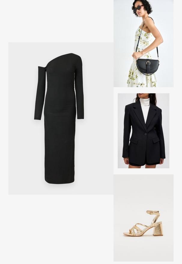 Melns žakets ar pielāgotu piegriezumu, teksturētu audumu, iegrieztām atlokiem, vienu pogu un divām priekšējām kabatām, saderīgs ar balto augsto kaklu.; Melna, pieguļoša, garām piedurknēm kleita ar asimetrisku izgriezumu un saburzītu sānu detaļu, izgatavota no ribota auduma.; Zelta metāla papēžu sandales ar siksnu dizainu, kvadrātveida bloku papēdi un regulējamu potītes siksnu ar sprādzi. Gluda tekstūra.; Melnas ādas rokassoma ar izliekta formu, noņemamu siksnu un zelta aksesuāriem. Somai ir vāciņš ar sprādzes detaļu.