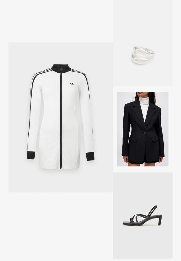 Melns žakets ar pielāgotu piegriezumu, teksturētu audumu, iegrieztām atlokiem, vienu pogu un divām priekšējām kabatām, saderīgs ar balto augsto kaklu.; Balta rāvējslēdzēja jaka ar melniem akcentiem, ar garām piedurknēm, augstu apkakli, adidas logotipu un trim melnām svītrām uz katras pleca.; Melnas strappy sandales ar kvadrātveida purngaliem un zemu bloku papēdi. Ievērojamas ar vairākiem plāniem siksniņām un regulējamu potītes siksniņu. Izgatavotas no gludas ādas.; Melnas ādas rokassoma ar izliekta formu, noņemamu siksnu un zelta aksesuāriem. Somai ir vāciņš ar sprādzes detaļu.; Sudraba divu joslu gredzens ar gludu, pulētu virsmu. Iezīmējas ar plūstošu, izliekta dizaina struktūru ar pārklājošām sekcijām modernam izskatam.
