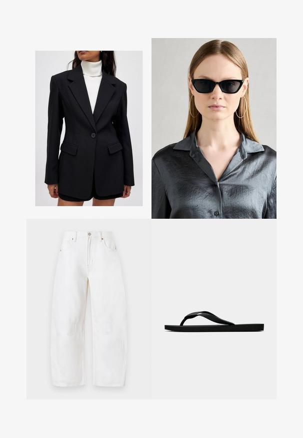 Juodas blazeris su pritaikytu siluetu, tekstūruotu audiniu, iškirptomis atlapomis, viena sagtele ir dviem priekinėmis kišenėmis, derinamas su baltu simpatišku megztiniu.; Juodas satino naktinis marškinėlis su nėriniuotu V formos iškirpimu ir plonomis petnešėlėmis, dėvimas su tamsiai mėlynomis džinsais, prieš neutralų foną.; Baltos, platėjančios džinsinės kelnės su mygtuko uždarymu, penkiais kišeniais ir subtiliais siuvinėjimo elementais. Minkšta tekstūra ir laisvas dizainas. Nėra matomų dėvėjimo žymių.; Juodas gumos šlepetės tipo sandalai su tekstūruota dirželiu ir paprastu plokščiu padu, rodomi iš šono ant vientiso šviesaus fono.; Juodos katės akies formos saulės akiniai su blizgiu paviršiumi, dėvimi kartu su tekstūruotu pilku marškinėlių hemštu. Matomi dideli žiediniai auskarai.; Juodas pintas odinis rankinės su išlenkta forma, turinti storą rankeną ir užtrauktuko uždarymą. Textūruota paviršius su blizgiu finišu.