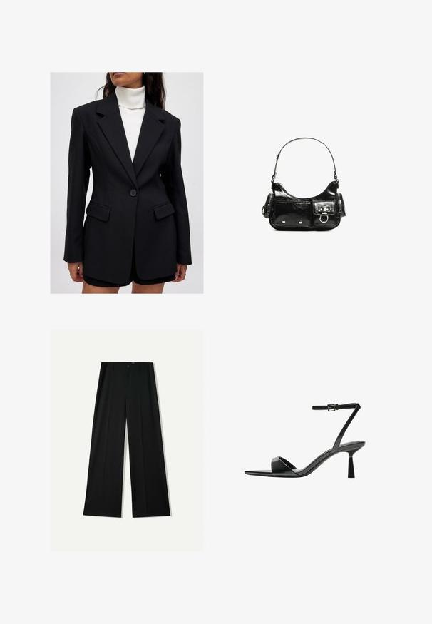 Czarna marynarka o dopasowanym kroju, teksturowana tkanina, klapy z wycięciem, pojedyncze zapięcie na guzik oraz dwie przednie kieszenie, w połączeniu z białym golfem.; Czarny krótki top z długim rękawem, okrągłym dekoltem, gładkim wzorem i lekko zaokrąglonym dołem.; Bershka WIDE czarny; Bershka - Sandały na obcasie; Czarna torebka z lakierowanej skóry o zaokrąglonym kształcie, z jednym paskiem na ramię, przednimi kieszeniami i akcentami w kolorze srebrnym.