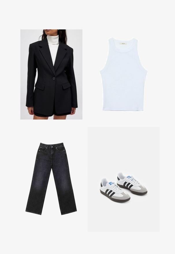 Mustapuku, jossa on tyylitelty istuvuus, teksturoitu kangas, notkat lerput, yksittäinen napitus ja kaksi etutaskua, yhdistetty valkoisen korkean kauluksen kanssa.; Valkoinen hihaton toppi, ribbed rakenne, pyöreä pääntie, hihaton malli, tiukka muoto, hillitty brändäys kauluksella sisäpuolella.; Korkeavyötäröiset mustat farkut, joissa on leveä lahje, viisi taskua ja näkyvät tikkaukset. Kangas on sileä, hieman teksturoitu pinnaltaan.; Urheilukengät, joissa on valkoinen nahkainen päällinen, harmaa mokkanokka ja kolme mustaa raitaa. Ominaisuuksina sininen logo kielekkeessä ja kuvioitu kumipohja.