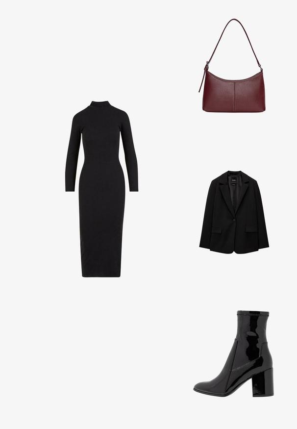 Zwarte blazer van gladde stof met een enkele knoopsluiting, notch-lapels en twee voorzakken. Minimalistisch ontwerp, getailleerde pasvorm.; Zwarte, nauwsluitende midi-jurk van ribstof, met een hoge hals en lange mouwen, met een gladde textuur en zonder versieringen.; Zwarte patenten enkellaarsjes met een gladde textuur, een spitse neus en een gestructureerde blokhak. Heeft een ritsvrije ontwerping en contrasterende stiksels.; Bordeaux lederen handtas met een gebogen vorm, een enkele schouderriem en gestikte details in het midden. Glad textuur, minimale hardware.