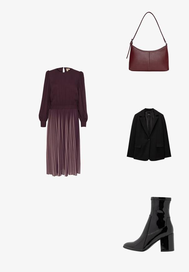 Blazer nero realizzato in tessuto morbido con chiusura a un bottone, revers a punta e due tasche frontali. Design minimalista, vestibilità sartoriale.; Abito prugna con maniche a palloncino lunghe, gonna plissettata e un elemento accentuato in vita. Presenta un'apertura a chiave sul retro e una texture di tessuto morbido.; Stivale alla caviglia in patent nero con una texture liscia, punta appuntita e tacco a blocco strutturato. Presenta un design senza zip e cuciture a contrasto.; Borsa a tracolla in pelle bordeaux con forma curvata, una sola tracolla e dettagli cuciti al centro. Texture liscia, hardware minimale.