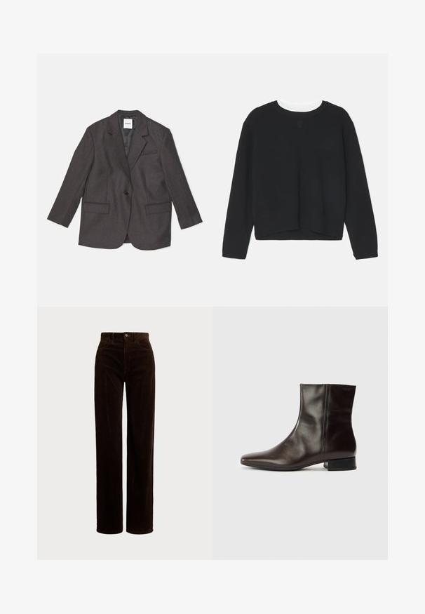 Tamno siva blejzer od teksturirane tkanine, s jednim dugmetom, oštrim reverima i dva prednja džepa.; Crna dukserica dugih rukava, okruglog vrata i blago skraćenog donjeg rubа. Izrađena od mekanog materijala, s diskretnim logotipom na prednjoj strani.; Polo Ralph Lauren COTTON CORDUROY WIDE-LEG PANT - Hlače - dark beech; Smeđa kožna gležnjača sa špicastim vrhom, glatke teksture, srednje visoke pete i jednostavnog dizajna. Minimalistički stil bez ukrasa.