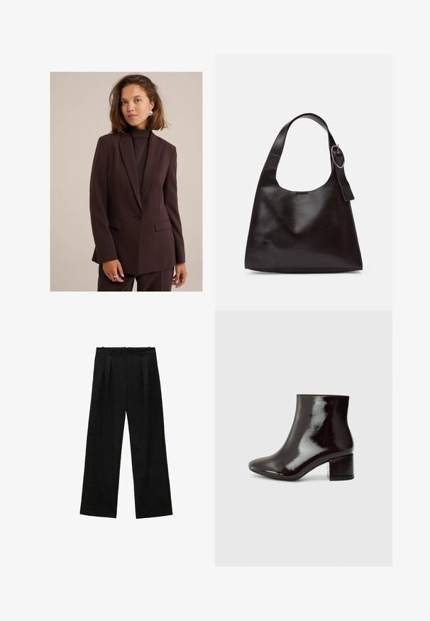 WE Fashion Suknjič - brown; Črni pulover z visokim ovratnikom, narejen iz pletenega materiala, ima dolge rokave, prilegajoč ovratnik in rahlo skrajšan rob. Gladek tekstura, enobarvna.; Črne široke hlače z naborki, ki imajo gladko teksturo in visok pas. Minimalističen slog, brez vidne opreme ali okrasnih elementov.; Črne lakirane gležnjarje z ostrim nosom in debelim peto. Gladka tekstura z subtilnim sijajem in čistimi linijami, minimalističen dizajn.; Rjava usnjena torba za ramo z gladko teksturo, okroglo obliko, širokim trakom in krožno kovinsko akcenco na ročaju.