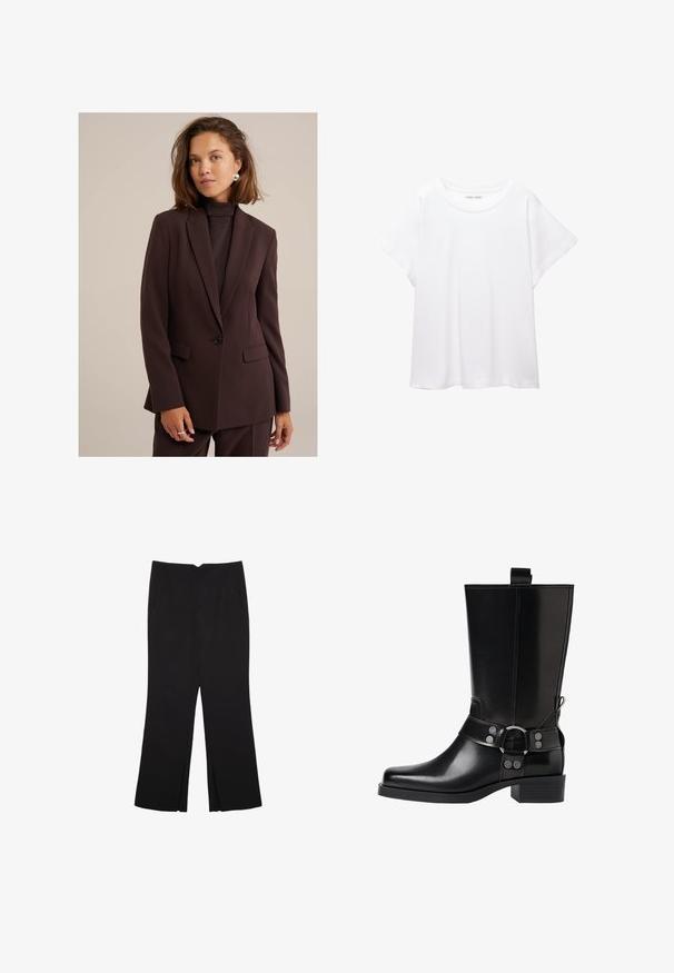 WE Fashion Suknjič - brown; Bela majica s kratkimi rukavi, izdelana iz mehkega in lahkega blaga. Ima okroglo ovratnico ter kratke, široke rokave z udobnim krojem. Brez vidnih vzorcev.; Črne hlače ravnega kroja z naglavnimi žepi in stranskimi razporki na robu. Narejene iz mehke, gladke tkanine. Primerne za različne priložnosti.; Črne usnjene škornje do kolen s koničastim nosom, srebrnimi zaponkami in debelim peto. Imajo zanko za enostavno obuvanje.